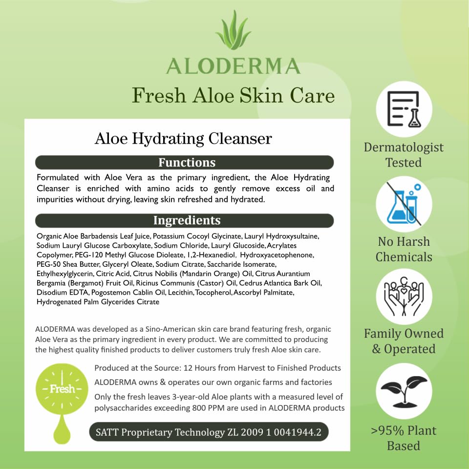 Aloderma Hydrating Facial Cleanser with Organic Aloe Vera - Daily Moisturizing Aloe Face Wash with Shea Butter, Vitamin E - Nourishing Face Cleanser for Normal, Dry Skin, Non-Comedogenic, 100g/3.5oz