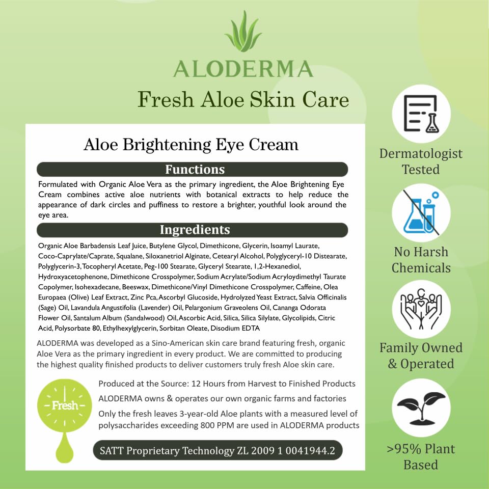 Aloderma Brightening Eye Cream with Organic Aloe Vera - Hydrating Daily Eye Cream for Dark Circles &amp; Puffiness with Caffeine &amp; Sage Oil - Day &amp; Night Eye Cream for Puffy Eyes &amp; Fine Lines, 25g/0.9oz