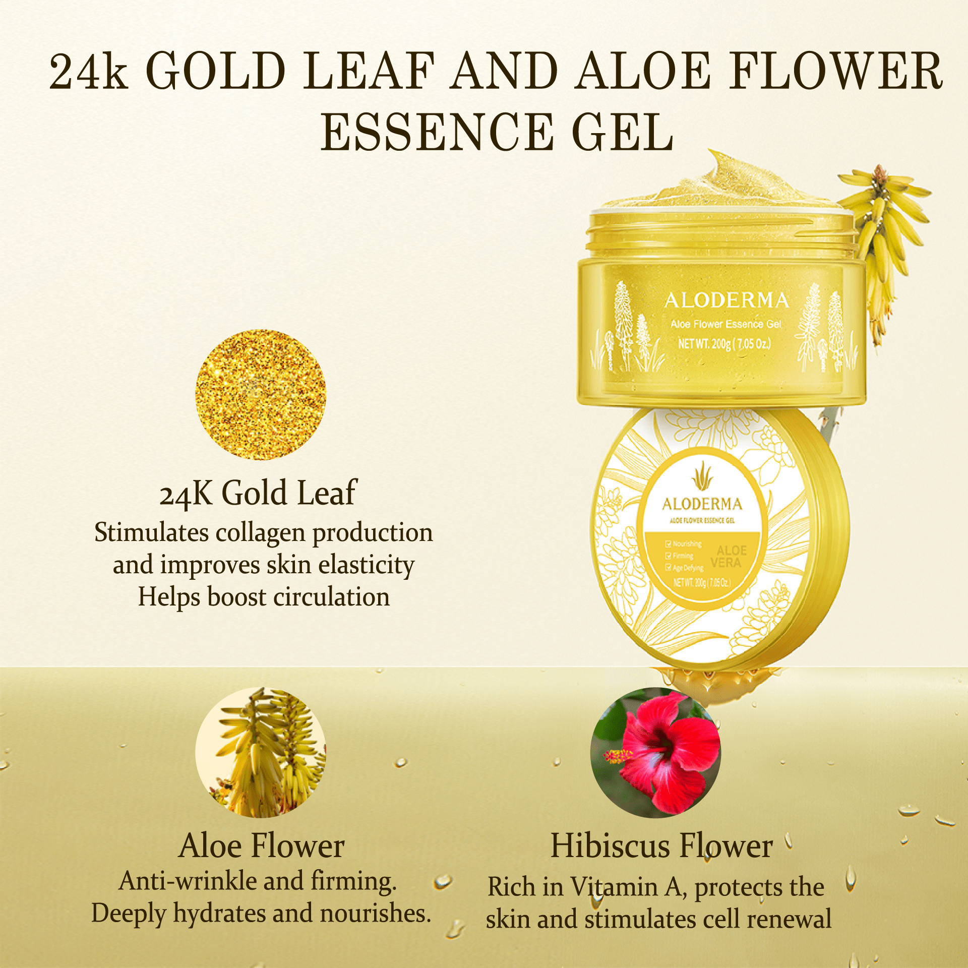 Aloderma Age-Defying 24K Gold Leaf Aloe Flower Essence Gel, Made within 12 Hours of Harvest